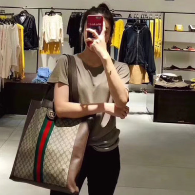 Gucci GG Stripe Canvas Tote Shoulder Bag,41CM - 구찌 GG 스트라이프 캔버스 토트 숄더백 519335, GUB0109,41cm,브라운