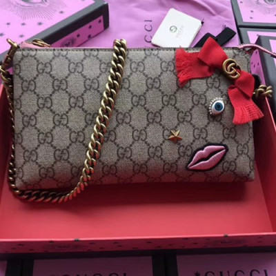 Gucci Jacquard Pink Lips Patch Zipper Chain Shoulder Bag,22CM - 구찌 자가드 핑크립 패치 지퍼 체인 숄더백 GUB0133,22cm,브라운