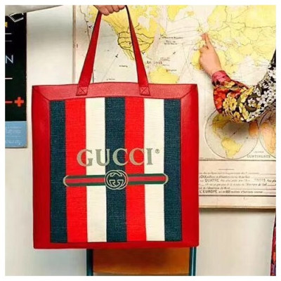 Gucci Stripe Canvas Tote Bag, 41cm - 구찌 스트라이프 남여공용 캔버스 토트백,523781 ,GUB0166,41cm,레드+네이비-미나
