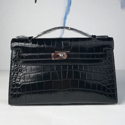 Hermes Mini Kelly Crocodile Leather Tote Bag / Clutch Bag,22cm - 에르메스 미니 켈리 크로커다일 레더 여성용 토트백/클러치백 HERB0107, 22cm,블랙