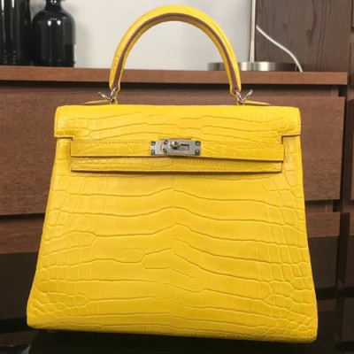 Hermes Kelly Crocodile Leather Tote Shoulder Bag ,25cm - 에르메스 켈리 크로커다일 레더 여성용 토트 숄더백 HERB0135,25cm,옐로우