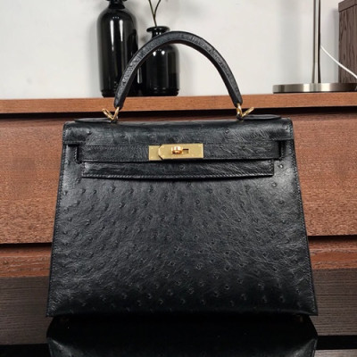 Hermes Kelly Ostrich Leather Tote Shoulder Bag ,28cm - 에르메스 켈리 오스트리치 레더 여성용 토트 숄더백 HERB0270,28cm,블랙