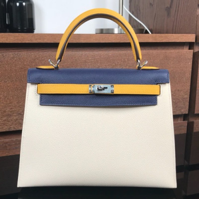 Hermes Kelly Epsom Leather Tote Shoulder Bag ,25cm - 에르메스 켈리 엡송 레더 여성용 토트 숄더백 HERB0314,25cm,화이트+블루