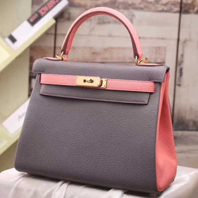 Hermes Kelly Togo Leather Tote Shoulder Bag ,25cm - 에르메스 켈리 토고 레더 여성용 토트 숄더백 HERB0352,25cm,그레이+핑크