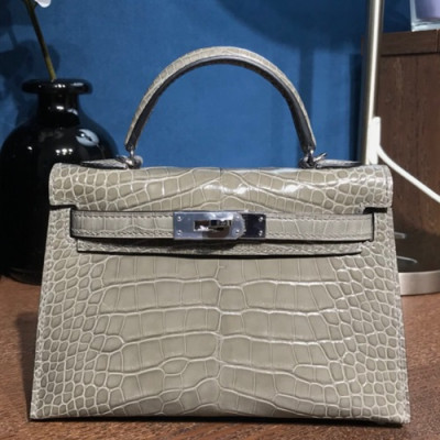 Hermes Mini Kelly 2 Crocodile Leather Tote Shoulder Bag , - 에르메스 미니 켈리 2 크로커다일 레더 여성용 토트 숄더백 HERB0389,그레이