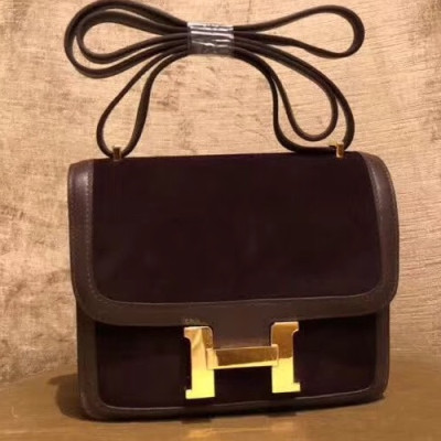 Hermes Constance Velvet & Leather Shoulder Bag,19cm - 에르메스 콘스탄스 벨벳&레더 여성용 숄더백 HERB0497, 19cm,브라운