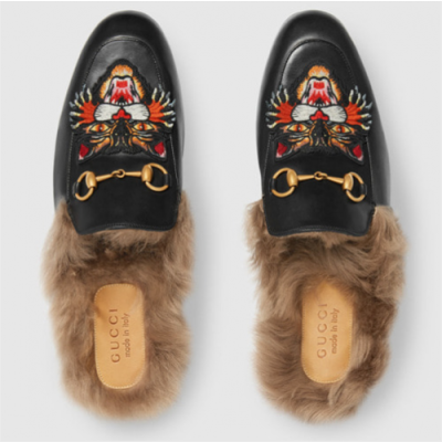 Gucci 2018 Prince Town Angry Cat Embroidery Per leather Slippers - 구찌 앵그리캣 퍼 가죽 블로퍼 Guc0514x.Size(225 - 280)블랙