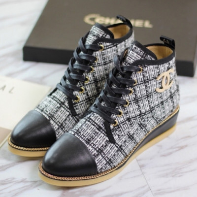 Chanel 2018 Ladies Leather Wedge Ankle Boots - 샤넬 여성 신상 레더 웨지 앵클 부츠 Cnl0116x.Size(225 -  250)체크블랙