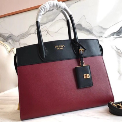 [커스텀급]Prada Tote Shoulder Bag,32cm - 프라다 여성용 토트 숄더백 ,1BA047-6,32cm,와인+블랙