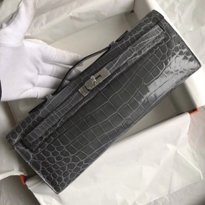 Hermes Kelly Cut Crocodile Leather Clutch Bag ,31cm - 에르메스 켈리 컷 크로커다일 레더 여성용 클러치백 HERB0568,31cm,그레이
