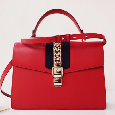 Gucci Sylvie Leather Tote Shoulder Bag,31.5CM - 구찌 실비 레더 여성용 토트 숄더백 431665,GUB0382 ,31.5CM,레드