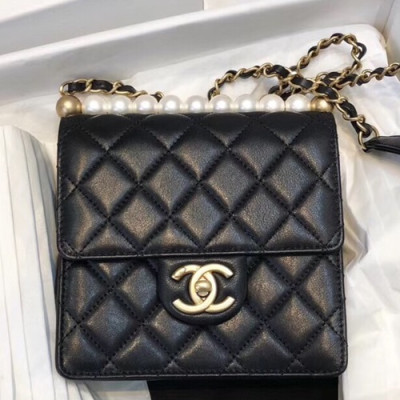 Chanel 2019 Leather Pearl Chain Shoulder Bag,15CM - 샤넬 2019 레더 진주 체인 숄더백 CHAB0641,15CM,블랙