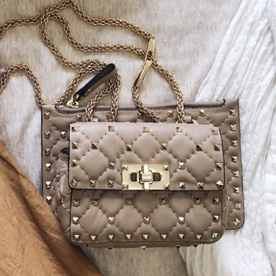 Valentino 2019 Leather Garavani Rockstud Spike Chain Shoudler Bag,20CM - 발렌티노 2019 레더 가라바니 락스터드 스파이크 체인 숄더백,VTB0188,20CM,다크베이지