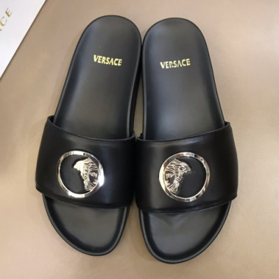 Versace 2019 Mens Medusa Metal Logo Leather Slipper - 베르사체 남성 메두사 메탈 로고 레더 슬리퍼 Ver0235x.Size(245 - 275).블랙