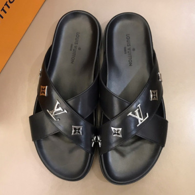 Louis Vuitton 2019 Mens Initial Metal Logo Leather Slipper - 루이비통 남성 이니셜 메탈 로고 레더 슬리퍼 Lou01038x.Size(240 - 275).블랙