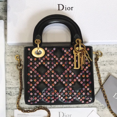 Dior 2019 Lady Dior Mini Tote Shoulder Bag,17CM - 디올 2019 레이디 디올 미니 토트 숄더백 DIOB0185,17CM,블랙(금장)