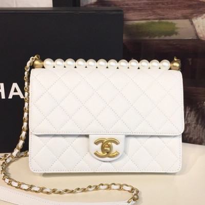 Chanel 2019 Leather Pearl Chain Shoulder Bag,21CM - 샤넬 2019 레더 진주 체인 숄더백 CHAB0806,21CM,화이트