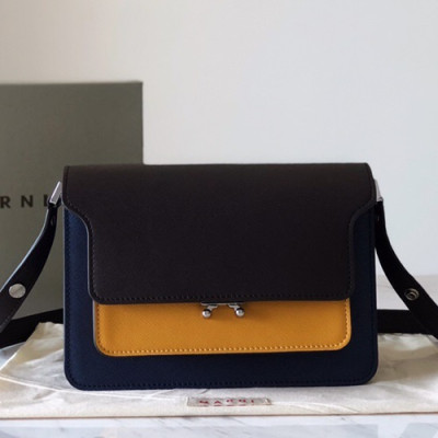 Marni 2019 Trunk Leather Shoulder Bag,24CM - 마르니 2019 트렁크 레더 숄더백, MARB0020,24CM,다크브라운(블루+옐로우)