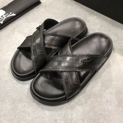 Giuseppe Zanoti 2019 Mens Logo Leather Slipper - 쥬세페자노티 남성 로고 레더 슬리퍼 Giu0035x.Size(240 - 275).블랙