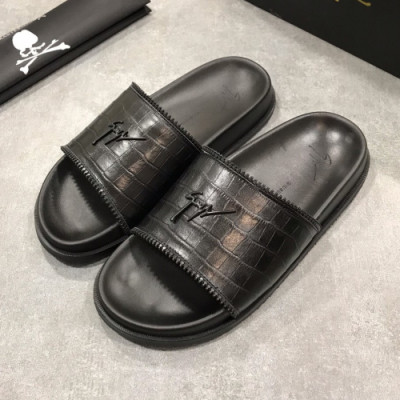 Giuseppe Zanoti 2019 Mens Logo Leather Slipper - 쥬세페자노티 남성 로고 레더 슬리퍼 Giu0036x.Size(240 - 275).블랙