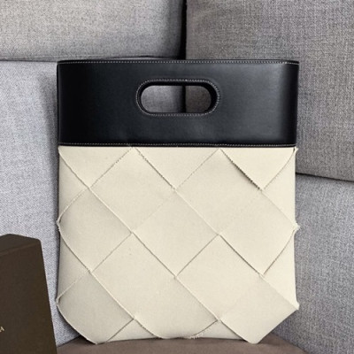 Bottega Veneta 2019 Leather & Canvas Intreccio Slip Tote Bag / Clutch Bag,39cm - 보테가 베네타 2019 레더 & 캔버스 인터레치오 플랩 토트백 / 클러치백, 576169,BVB0295,39cm,아이보리