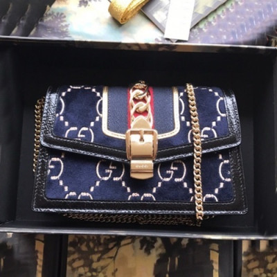 Gucci 2019 Sylvie VelVet Chain Shoulder Bag,19CM - 구찌 2019 실비 벨벳 체인 숄더백 494642,GUB0717,19CM,네이비