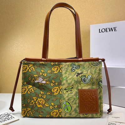 Loewe 2019 Canvas & Leather Tote Bag, 35CM - 로에베 2019 캔버스 & 레더 토트백 ,LOEB0320, 35CM, 그린