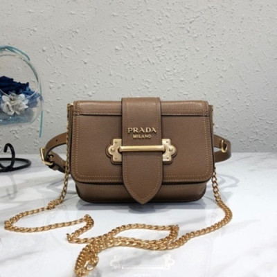 Prada 2019 Cahier Leather Hip Sack / Clutch Bag / Shoulder Cross Bag,18cm - 프라다 2019 카이에 여성용 레더 힙색 / 클러치백 / 숄더 크로스백 ,1BL004-2,18cm,브라운