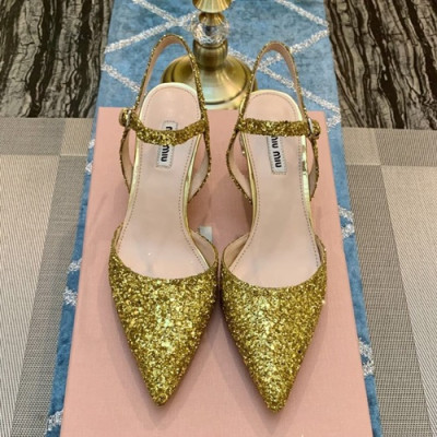 Miumiu 2019 Ladies Leather Middle-heel Slingback - 미우미우 2019 여성용 레더 미들힐 슬링백 MIUS0020.Size(220 - 250).옐로우골드