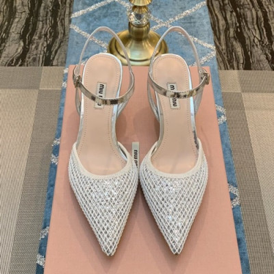 Miumiu 2019 Ladies Leather Middle-heel Slingback - 미우미우 2019 여성용 레더 미들힐 슬링백 MIUS0023.Size(220 - 250).실버