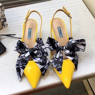 Prada 2019 Ladies Leather Ribbon Middle Heel Slingback - 프라다 2019 여성용 레더 리본 미들힐 슬링백 PRAS0021.Size(225 - 245).옐로우