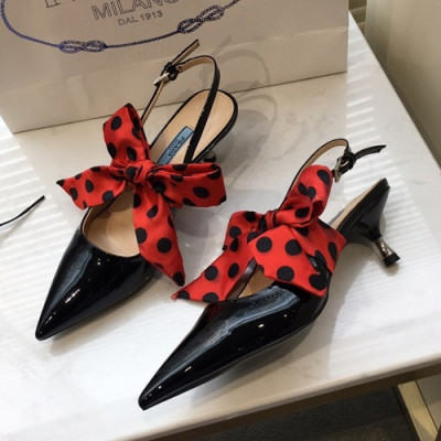 Prada 2019 Ladies Leather Ribbon Middle Heel Slingback - 프라다 2019 여성용 레더 리본 미들힐 슬링백 PRAS0022.Size(225 - 245).블랙