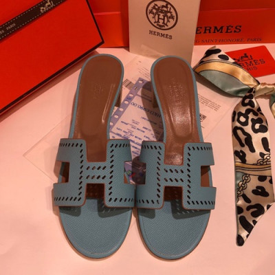 Hermes 2019 Ladies Oasis Leather Middle Heel Slipper - 에르메스 2019 여성용 오아시스 레더 미들힐 슬리퍼 HERS0034,Size(225 - 245).스카이블루