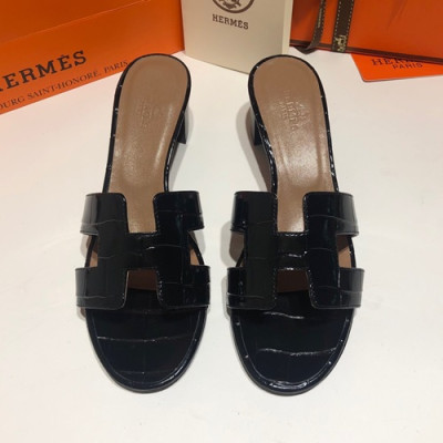 Hermes 2019 Ladies Oasis Leather Middle Heel Slipper - 에르메스 2019 여성용 오아시스 레더 미들힐 슬리퍼 HERS0080,Size(225 - 250).블랙