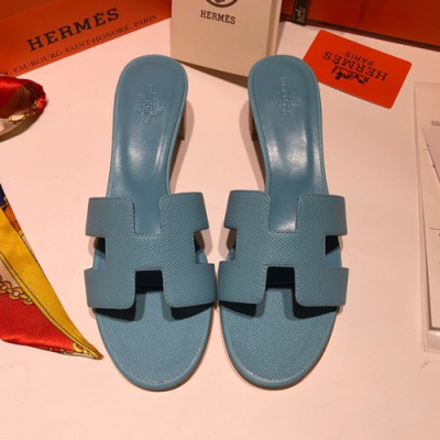 Hermes 2019 Ladies Oasis Leather Middle Heel Slipper - 에르메스 2019 여성용 오아시스 레더 미들힐 슬리퍼 HERS0093,Size(225 - 250).스카이블루