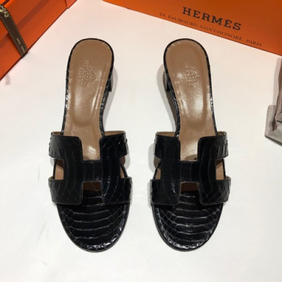 Hermes 2019 Ladies Oasis Leather Middle Heel Slipper - 에르메스 2019 여성용 오아시스 레더 미들힐 슬리퍼 HERS0100,Size(225 - 250).블랙