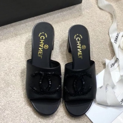 Chanel 2019 Ladies Leather Middle Heel Slipper - 샤넬 2019 여성용 레더 미들힐 슬리퍼 CHAS0324.Size(225 - 250).블랙