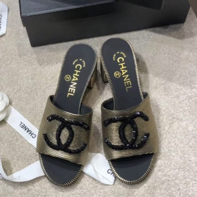 Chanel 2019 Ladies Leather Middle Heel Slipper - 샤넬 2019 여성용 레더 미들힐 슬리퍼 CHAS0326.Size(225 - 250).옐로우골드