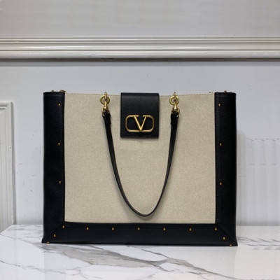 Valentino 2020 Canvas & Leather Tote Shoudler Shopper Bag,50CM - 발렌티노 2020 캔버스 & 레더 토트 숄더 쇼퍼백, VTB0947,50CM,베이지