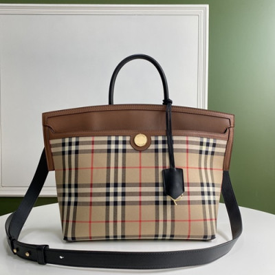 Burberry 2020 Canvas & Leather Tote Shoulder Bag, 36cm - 버버리 2020 여성용 캔버스 & 레더 토트 숄더백 ,BURB0458,36cm,브라운+베이지