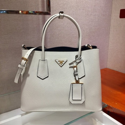 Prada 2020 Saffiano Double Tote Shoulder Bag,33CM - 프라다 2020 사피아노 두블레 여성용 토트 숄더백 ,1BG775-6,33cm,화이트