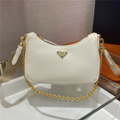 [프라다] Prada 2020 Women's Mini Leather Hobo Tote Shoulder Bag,18cm - 프라다 2020 여성용 미니 레더 호보 토트 숄더백,18cm, PRAB0160,화이트