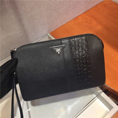 [프라다] Prada 2020 Men's Leather Clutch Bag,26.5cm - 프라다 2020 남서용 레더 클러치백,26.5cm,PRAB0214,블랙