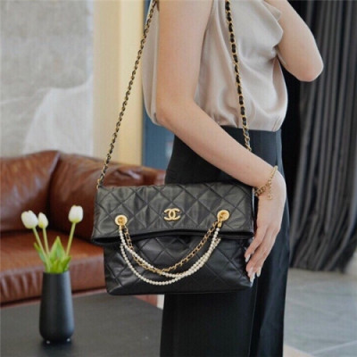 Chanel 2020 Women's Leather Pearl Chain Tote Shoulder Bag,34cm - 샤넬 2020 여성용 레더 펄 체인 숄더백,34cm,CHAB1575,블랙