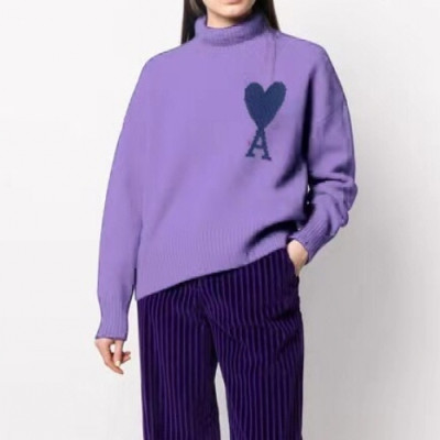 Ami  Mm/Wm Logo Casual Turtle-neck Sweaters Purple - 아미 2021 남/녀 로고 캐쥬얼 터틀넥 스웨터 Ami0190x Size(s - l) 퍼플