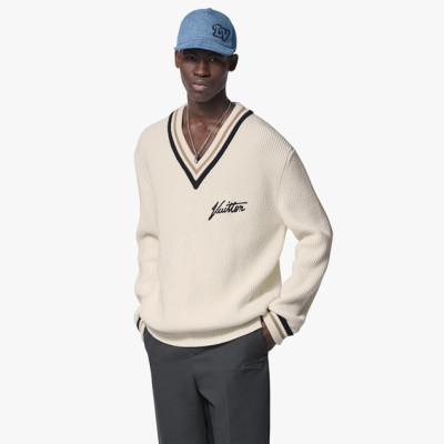 루이비통 남성 화이트 브이넥 니트 - Louis vuitton Mens White Sweaters - lv180x