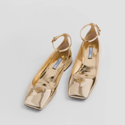 프라다 여성 로고 골드 플렛 - Prada Womens Gold Flats - pr512x