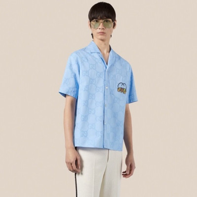 구찌 남성 트렌디 블루 반팔 셔츠 - Gucci Mens Blue Short sleeved Tshirts - gu741x