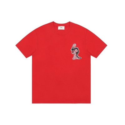 아미 남성 레드 반팔 티셔츠 - Ami Mens Red Tshirts - amc807x